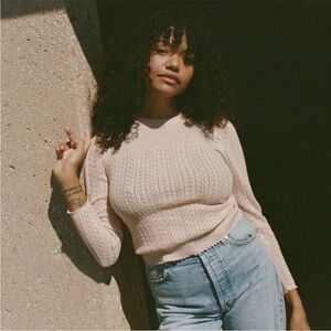 Doen Sofina Pullover Sweater Pointelle Crochet Cotton Seashell Pink M GUC